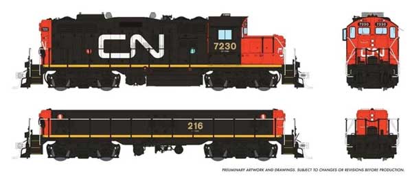 GP9rm Mother & Powered Slug - ESU LokSound & DCC -- Canadian National #7230, 216 (Early, black, white, red, Large Noodle Logo)