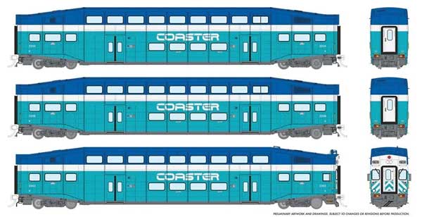 Rapido Trains Inc Bi-Level Commuter 2 Coach and Cab Car Set Coaster