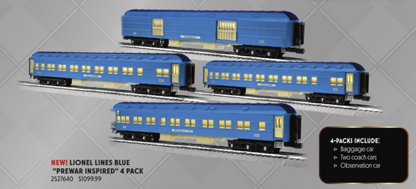 O Scale Lionel Lines  (BLUE OR RED) ”Tinplate Inspired” 4 Pack -PRE ORDER-