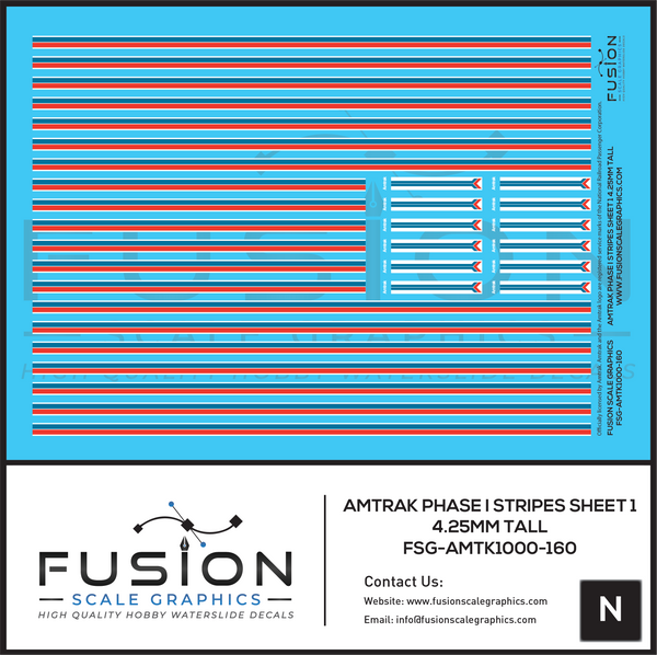 N Scale Amtrak Phase I Stripes Sheet 1 4.25mm Tall Decal Set