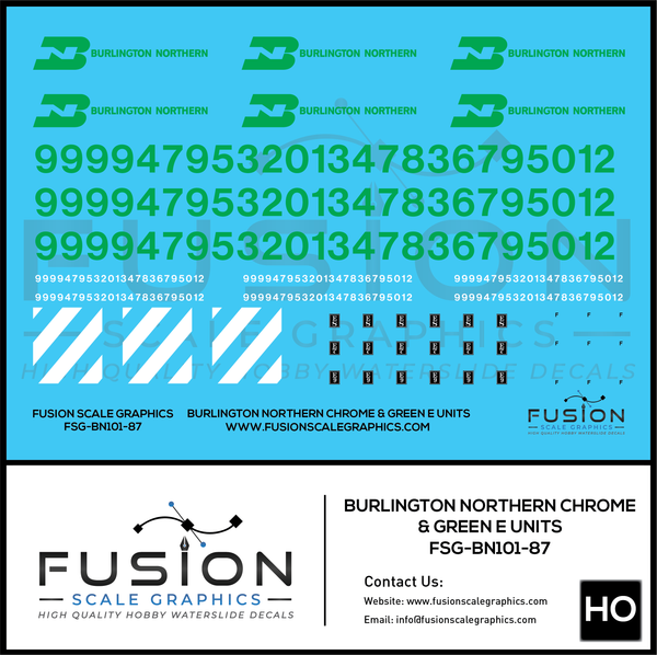 HO Scale Burlington Northern Chrome & Green E8 E9 Locomotive Decal Set