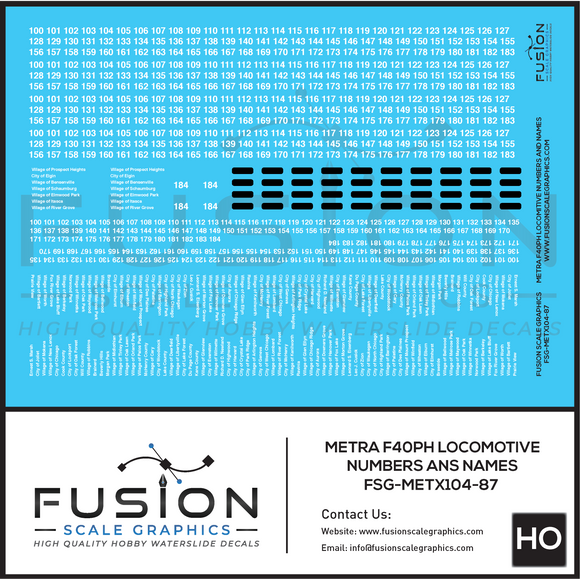 HO Scale Metra EMD F40PH Locomotive Numbers and Names Decal Set