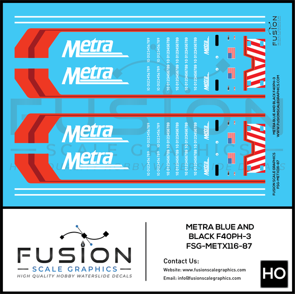 HO Scale Metra F40PH-3 Blue & Black Locomotive Decal Set