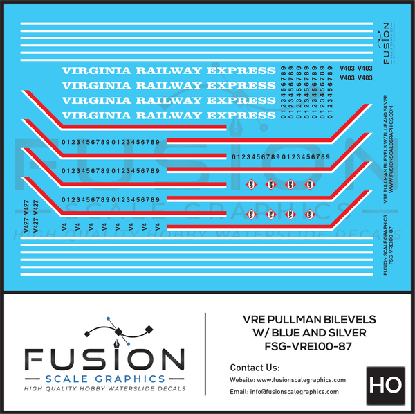 HO Scale VRE Virginia Railway Express Blue Top Pullman BiLevel Decal Set