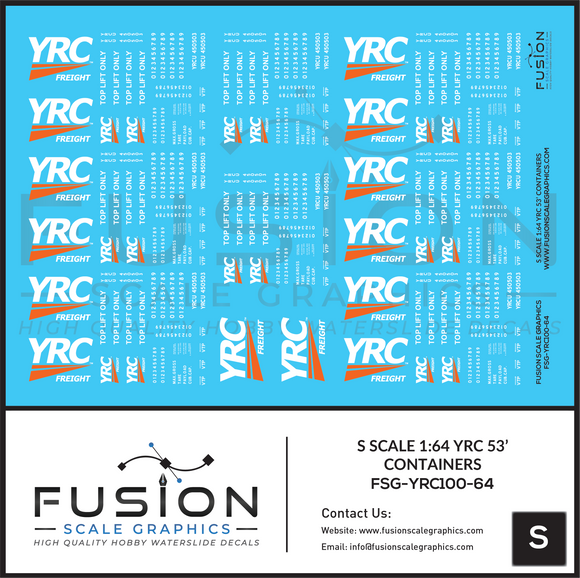 S Scale 1:64 YRC 53’ Containers Decal Set
